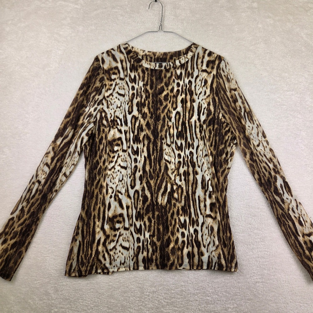 Leopard Print Mesh Long Sleeve Crew Neck Top Brown Tan Animal Print